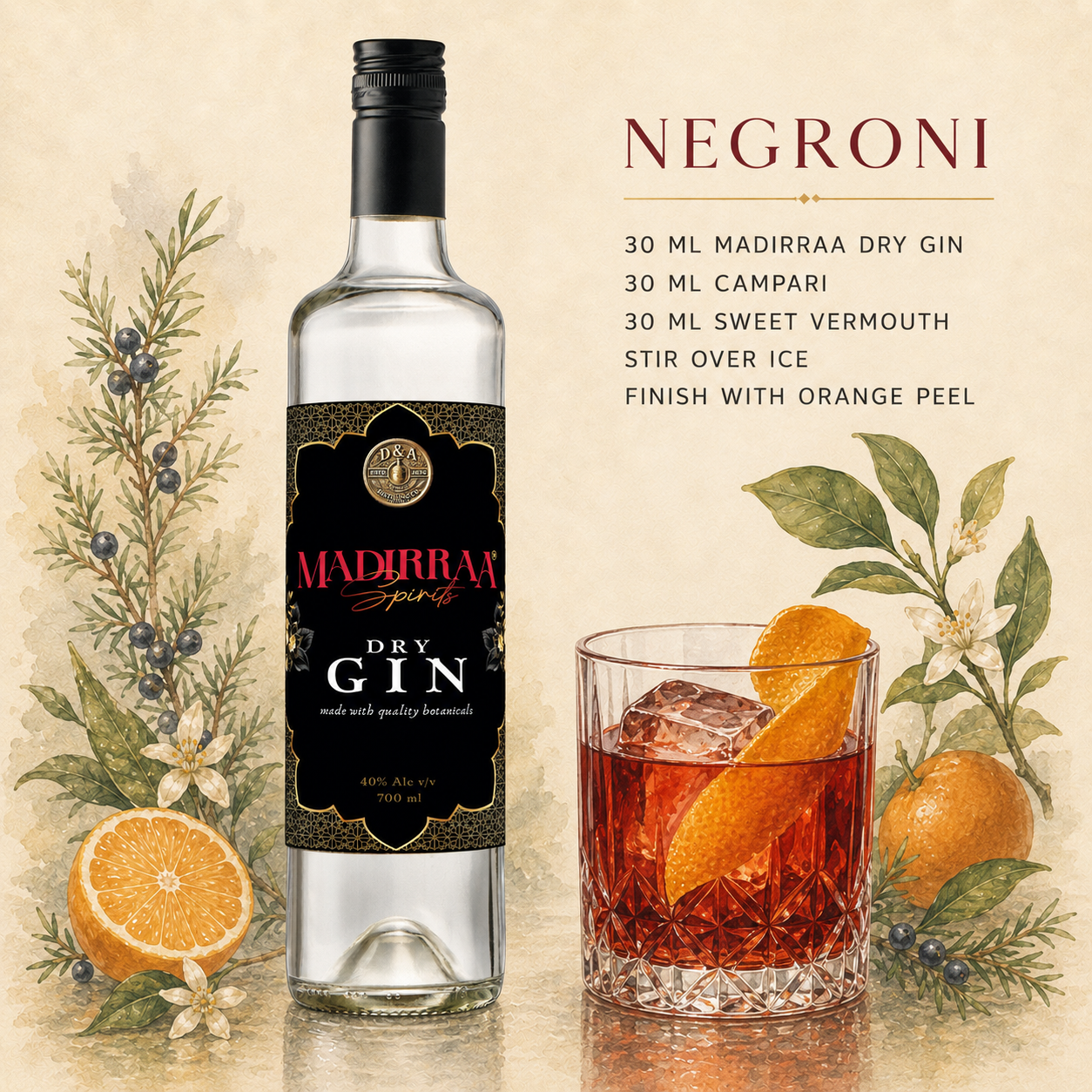 Negroni made with Madirraa Dry Gin
