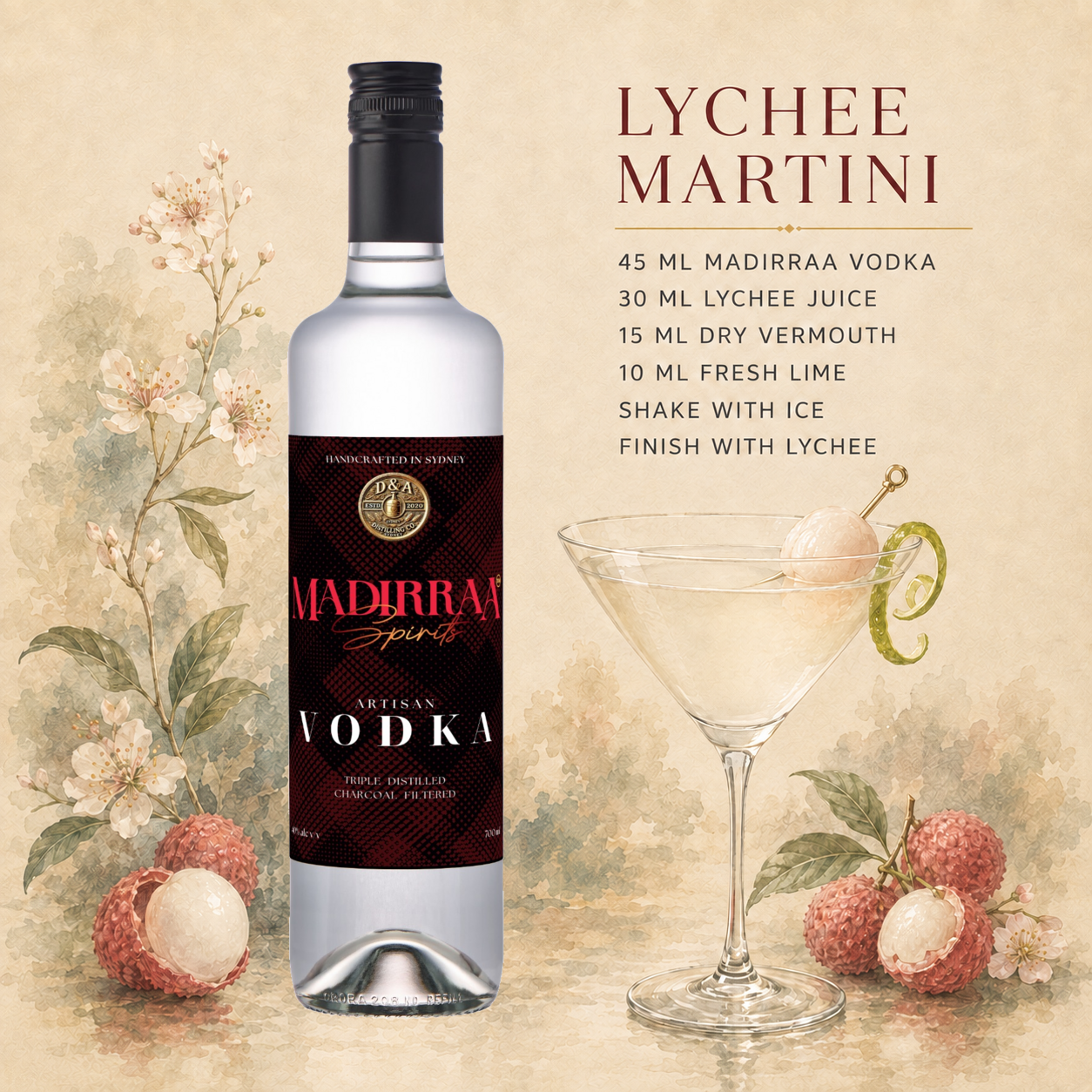 Lychee Martini made with Madirraa Artisan Vodka